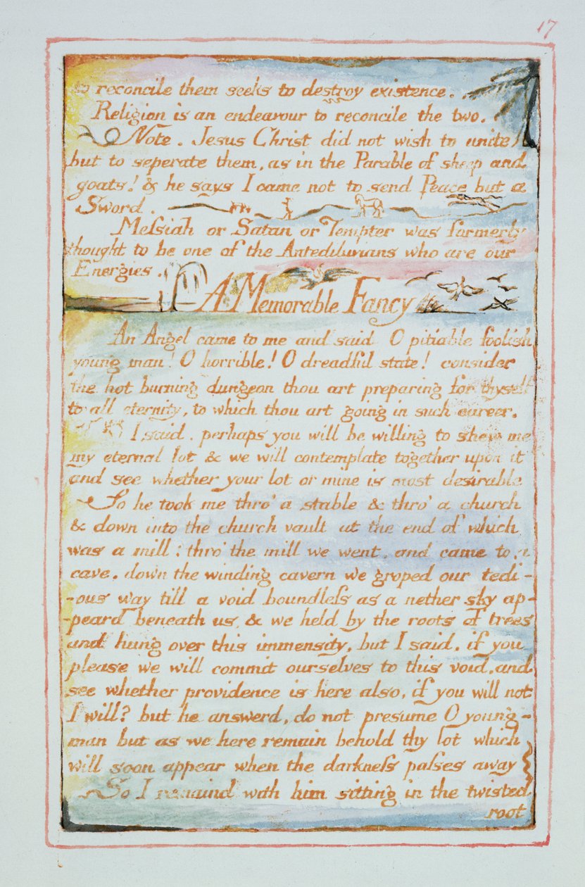 Om hen te verzoenen probeert hij het bestaan te vernietigen..., tekst uit The Marriage of Heaven and Hell, ca. 1790-3 door William Blake