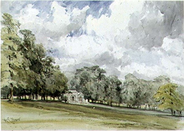 Uitzicht in Kensington Gardens met de Temple Cottage door William Callow