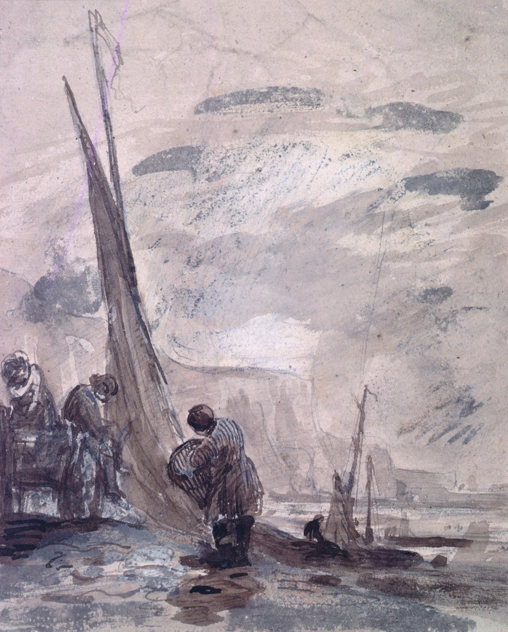 Figuren met kar en boten aan de kust, nabij kliffen, 19e eeuw door William Collins