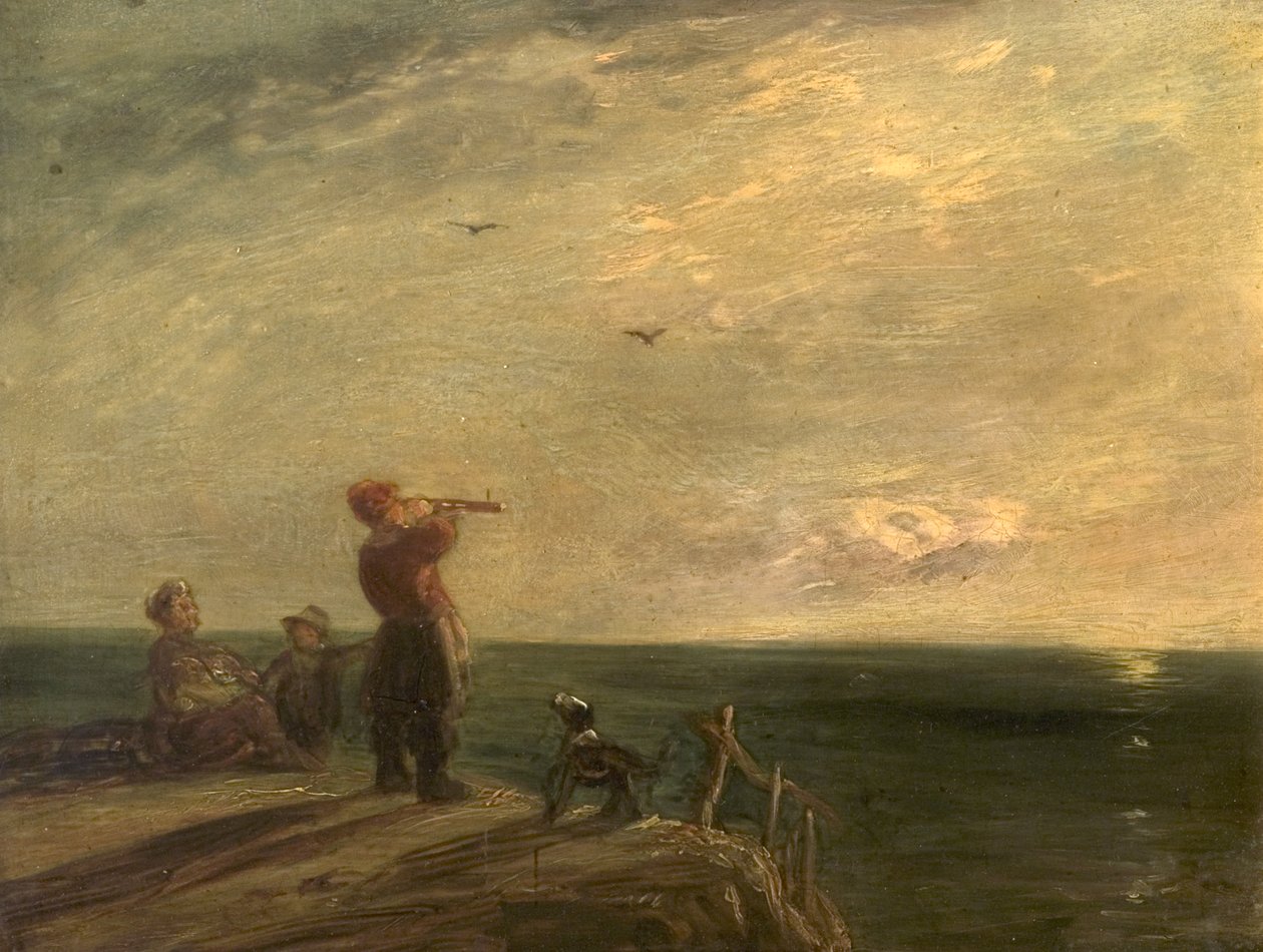 Zeegezicht met Figuren en Hond, Zonsondergang door William Collins