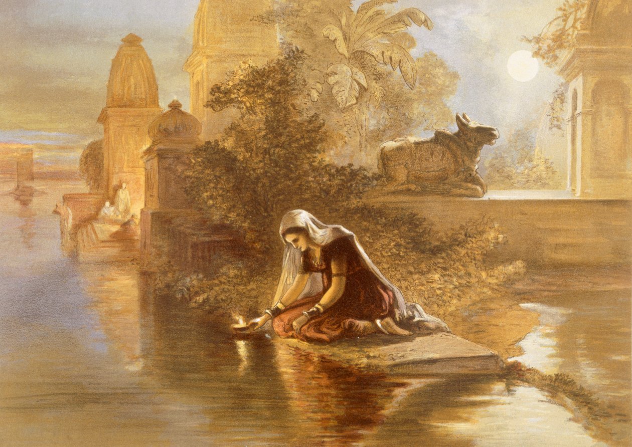 Indiase vrouw die lampen op de Ganges laat drijven, uit 