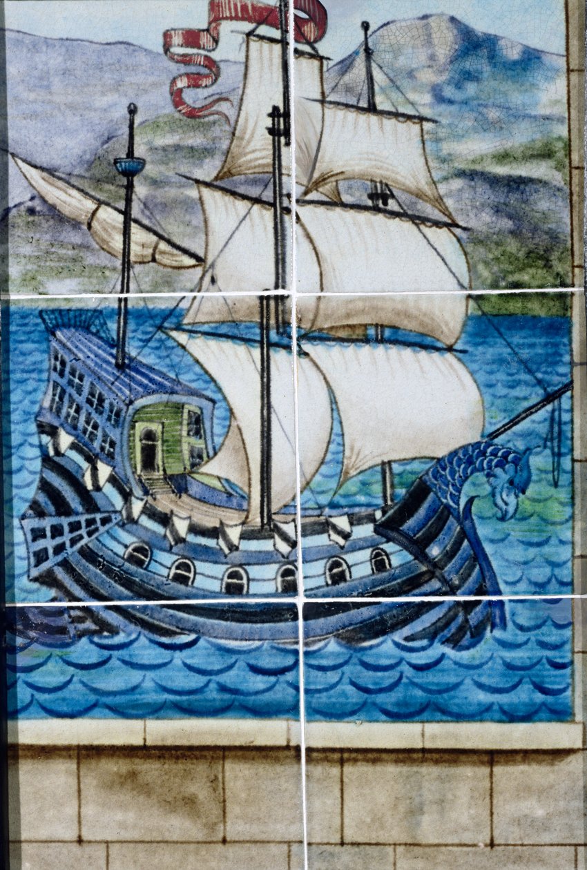 Zes tegels met een galei (keramiek) door William de Morgan