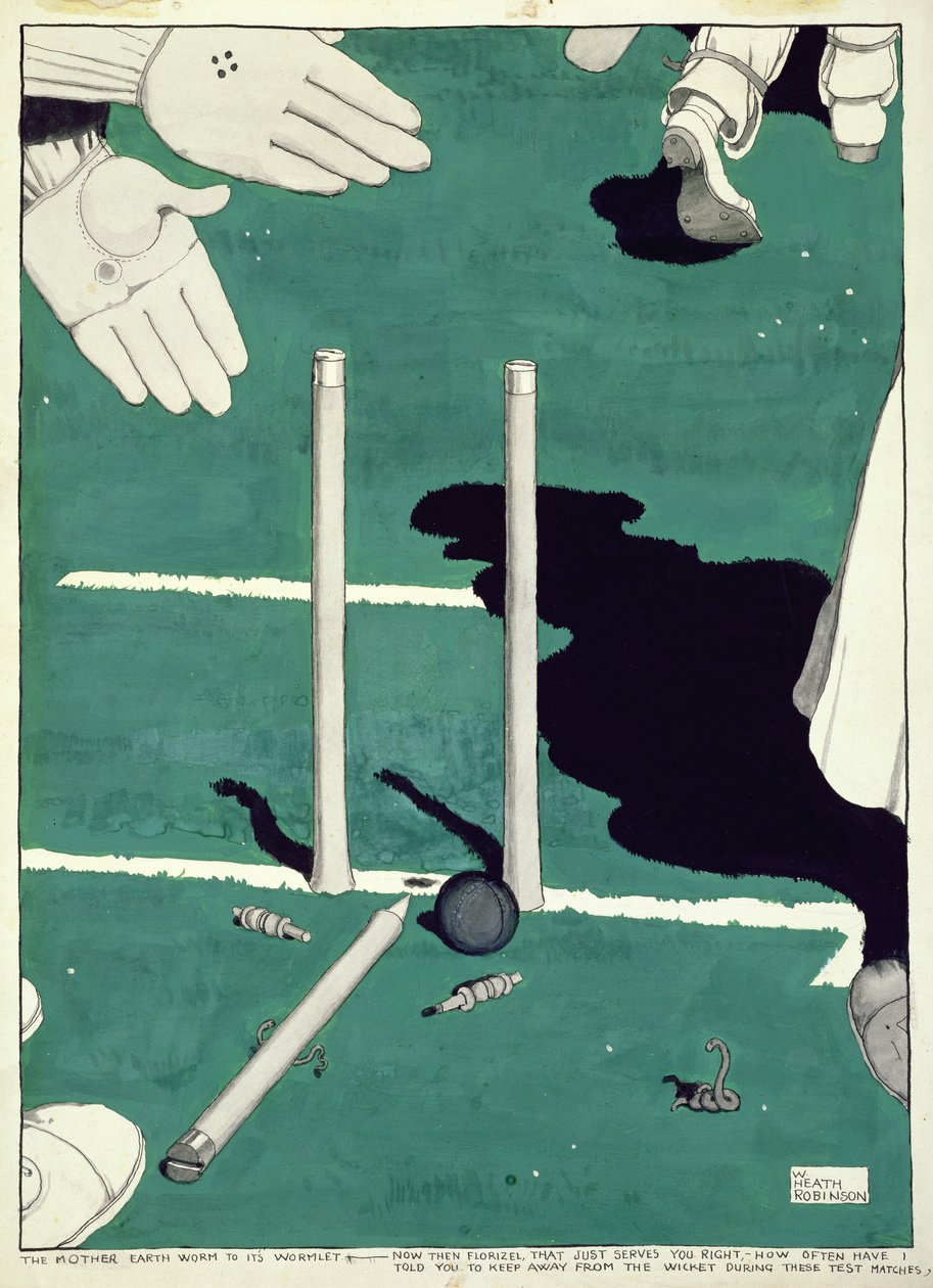 De moeder aardworm tegen haar wormpje - Nou dan Florizel... hoe vaak heb ik je verteld om weg te blijven van het wicket tijdens deze testwedstrijden door William Heath Robinson