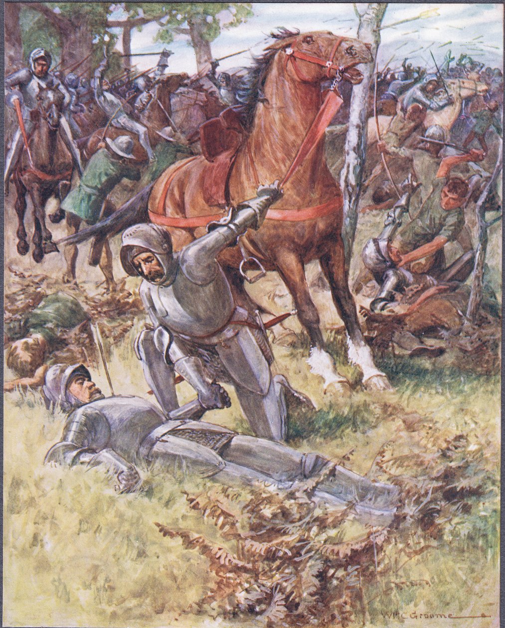 Toen hij het leven verliet, nam graaf Percy de dode man bij de hand, illustratie uit Ballads of Famous Fights, ca. 1900 door William Henry Charles Groome