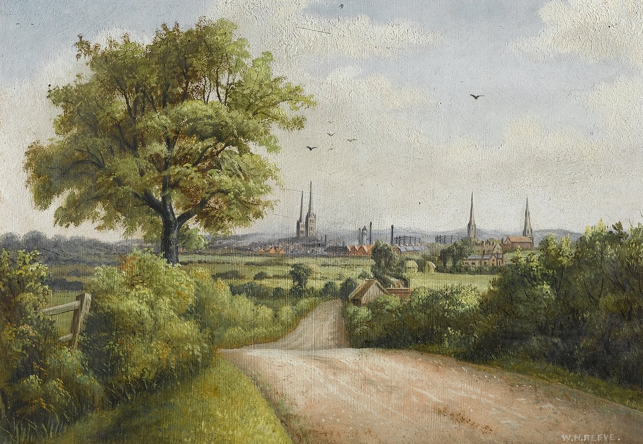 Coventry Spires vanaf Barkers Butts Lane, begin 20e eeuw door William Howard Reeve