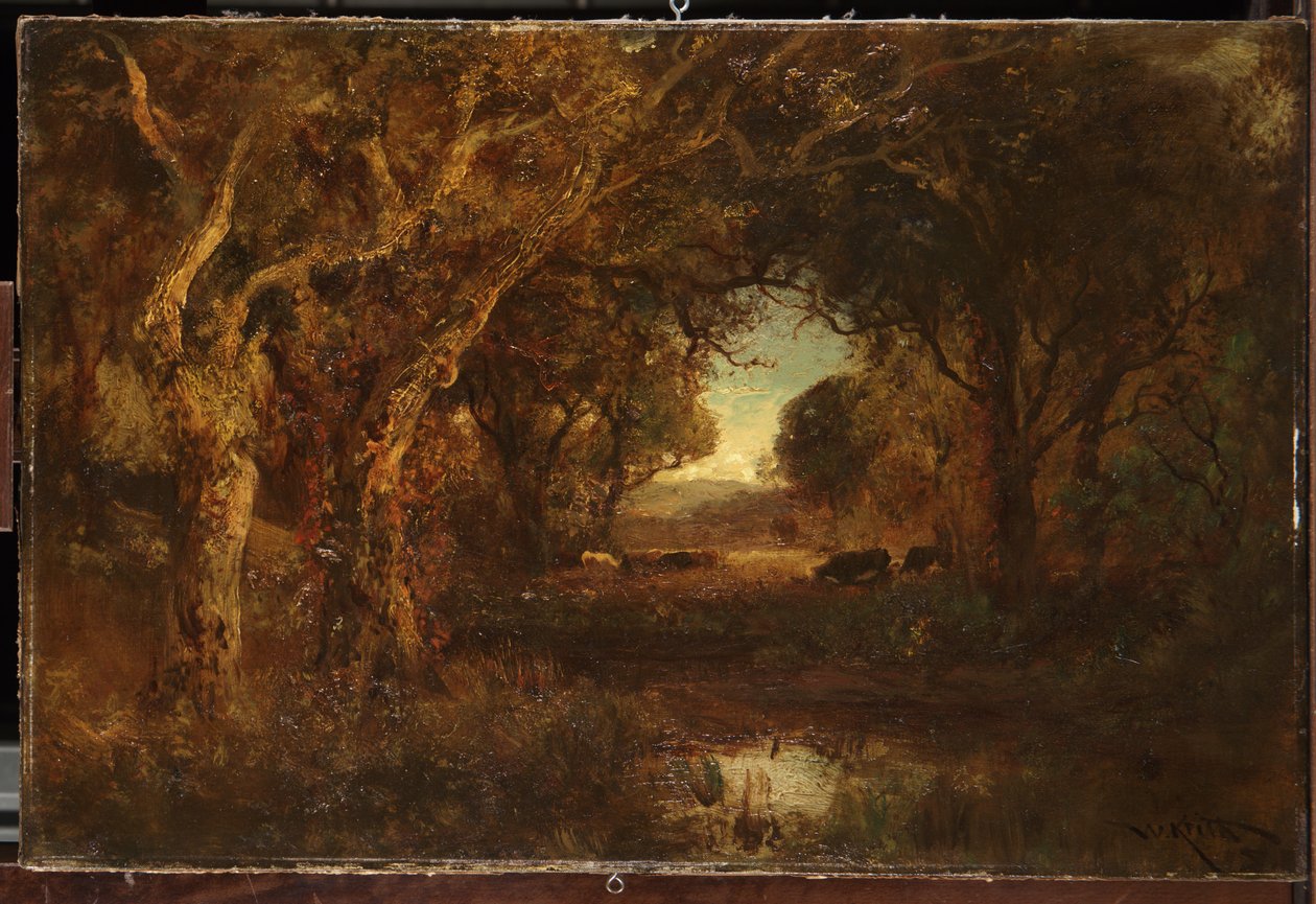 Zonsondergang landschap met bomen door William Keith