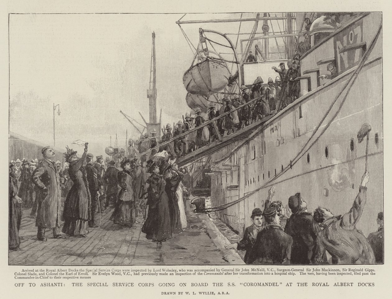 Op Weg naar Ashanti, het Speciale Dienstkorps gaat aan Boord van de SS Coromandel bij de Royal Albert Docks door William Lionel Wyllie