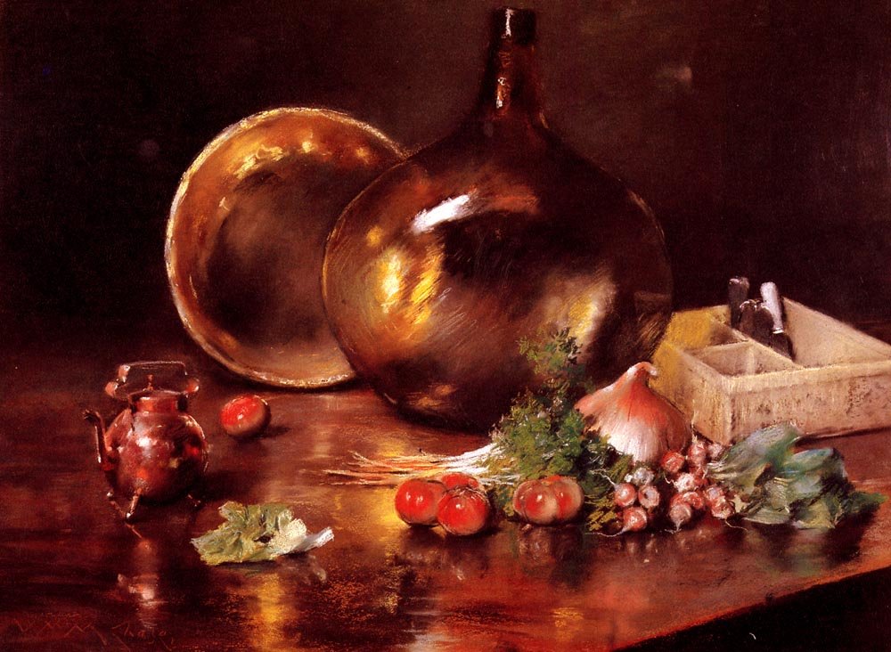 Stilleven met koper en glas door William Merritt Chase