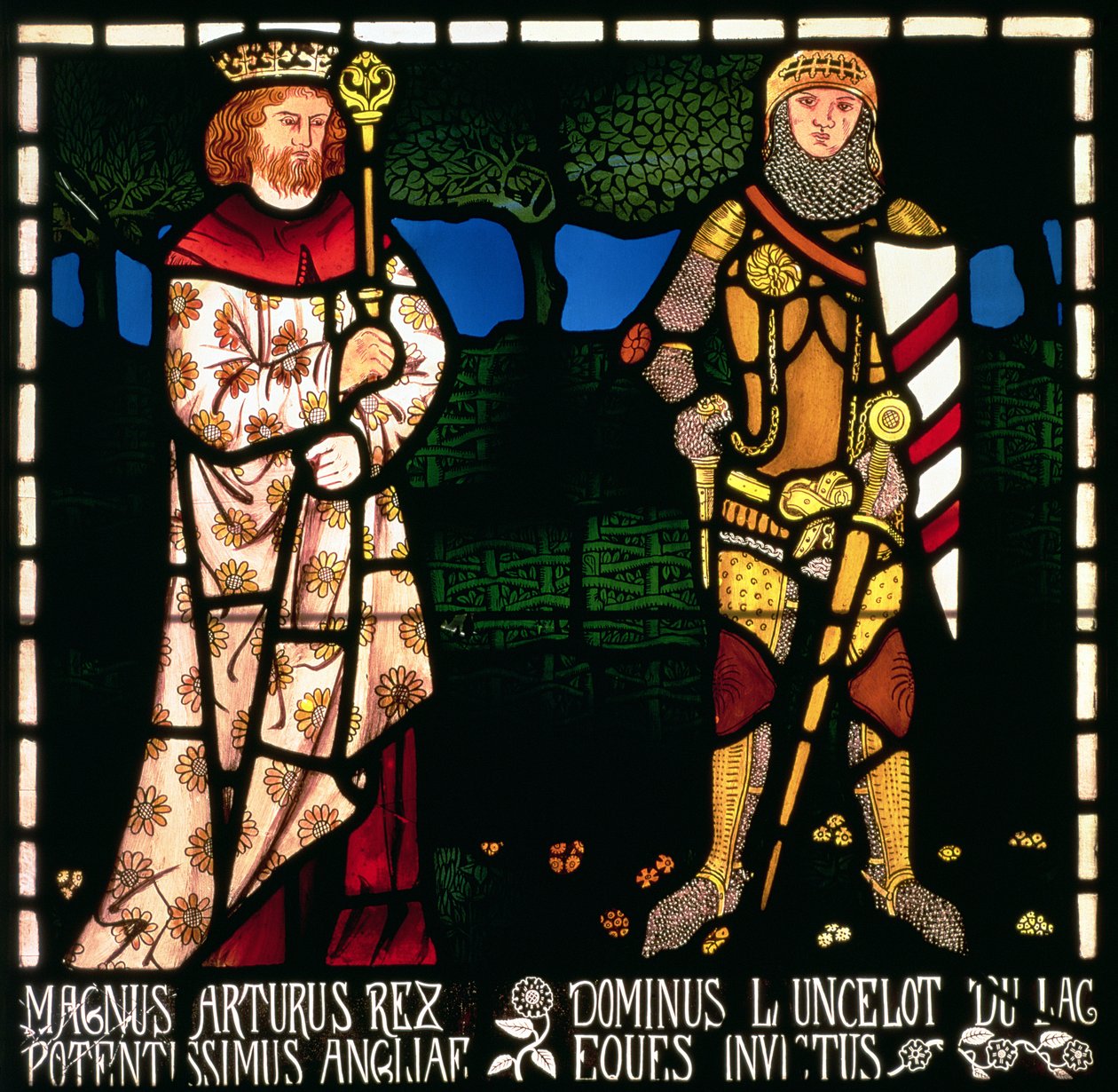 Koning Arthur en Sir Lancelot, 1862 (glas-in-lood) door William Morris