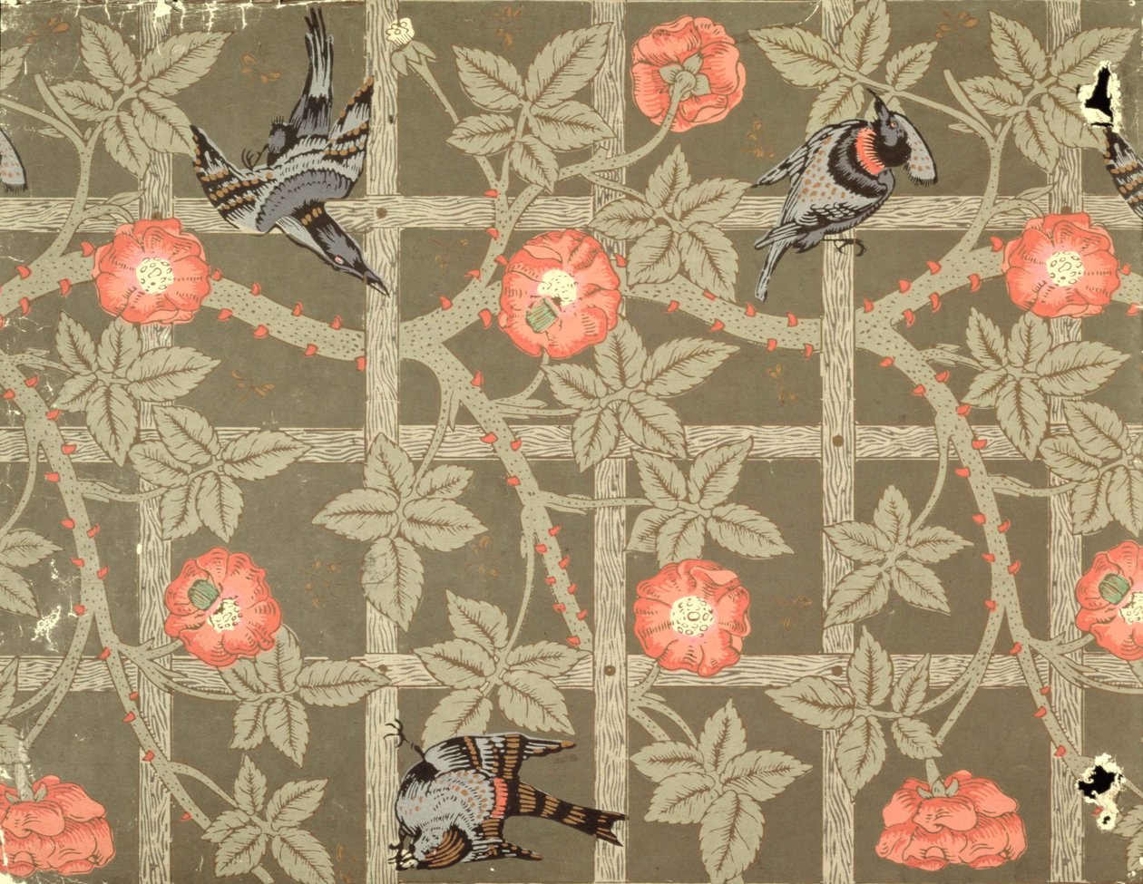 Trellis behangontwerp met een flesgroene achtergrond, 1864 door William Morris
