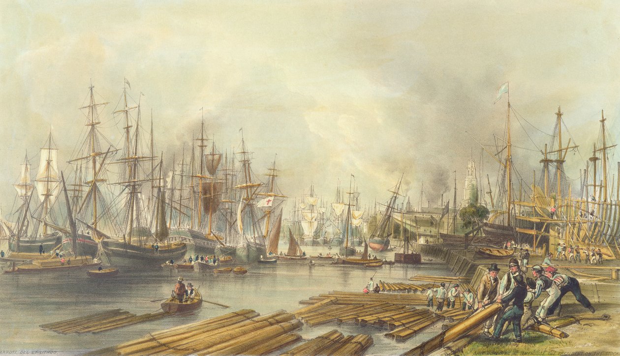 Scheepsbouw in Limehouse, 1840 door William Parrott