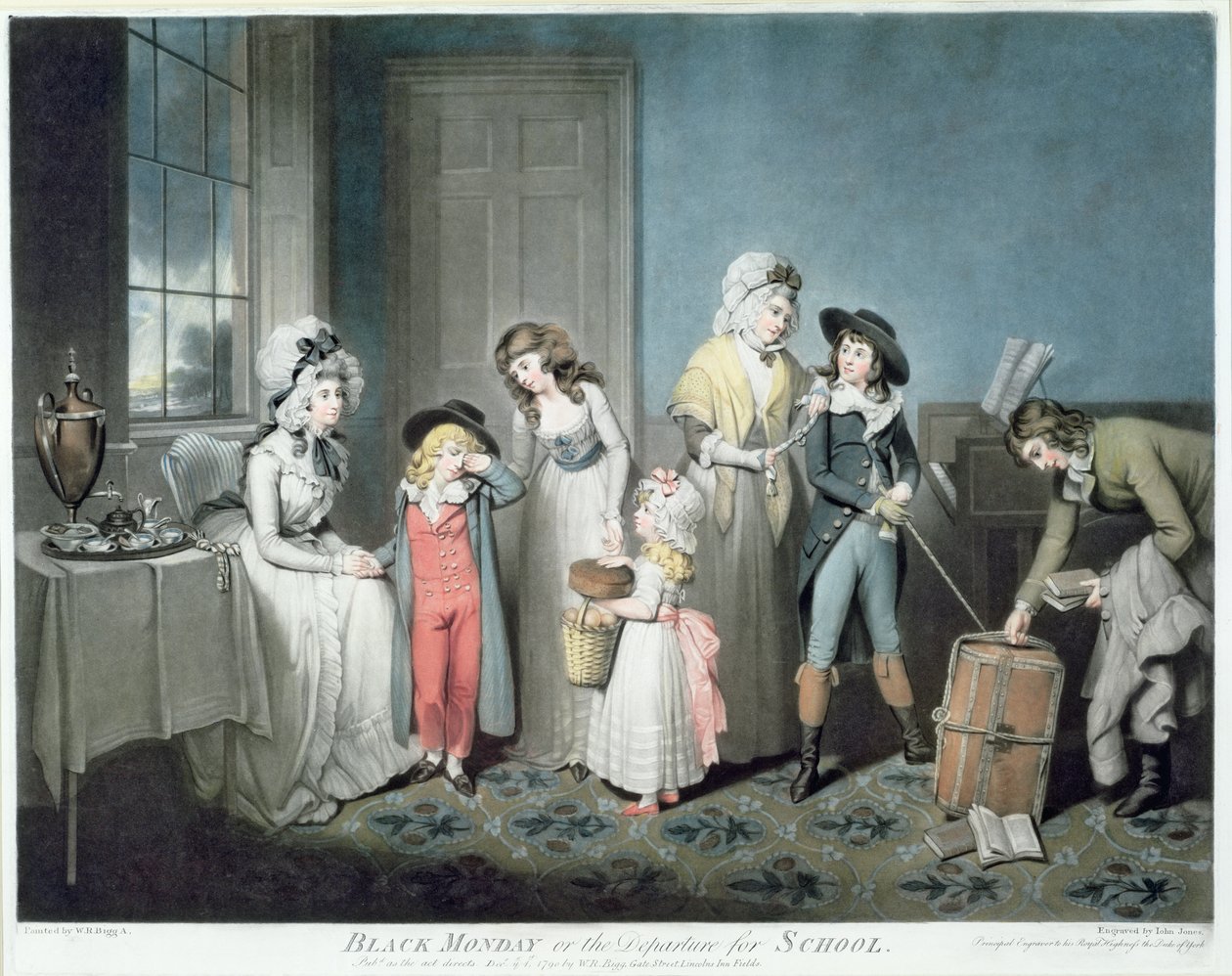 Zwarte maandag, of het vertrek naar school, gegraveerd door John Jones, uitgegeven door W. Bigg, 1790 door William Redmore Bigg