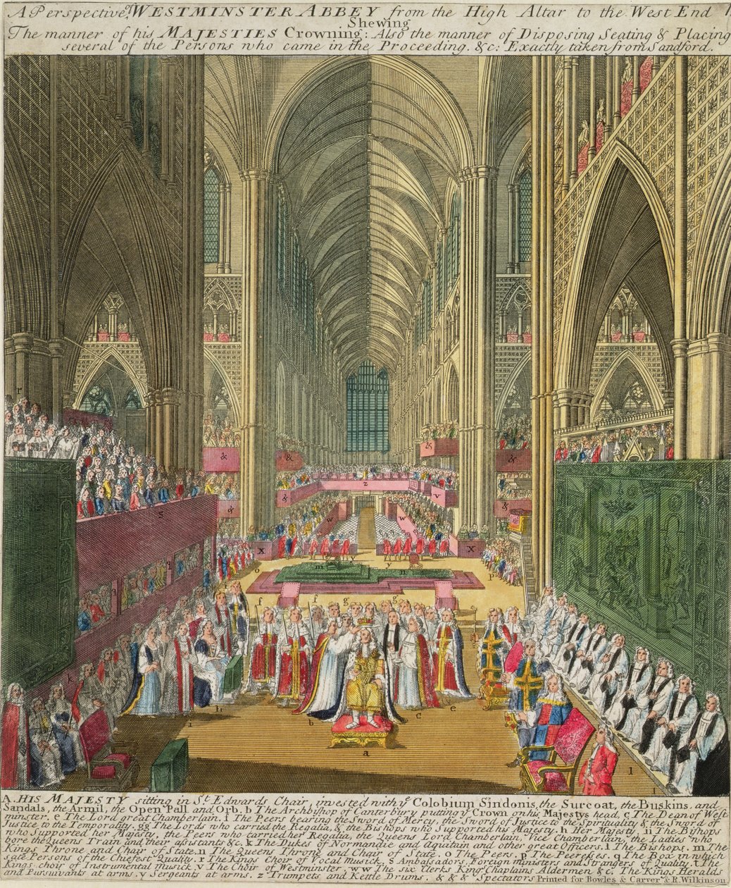 De Kroning van Koning James II (1633-1701) uit een herdenkingsboek door Francis Sandford, voor het eerst gepubliceerd in 1697 door William Sherwin