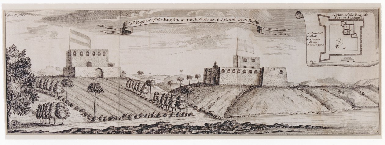 Zuidwest Uitzicht op de Engelse en Nederlandse Forten bij Sakkundi, c.1744 door William Smith
