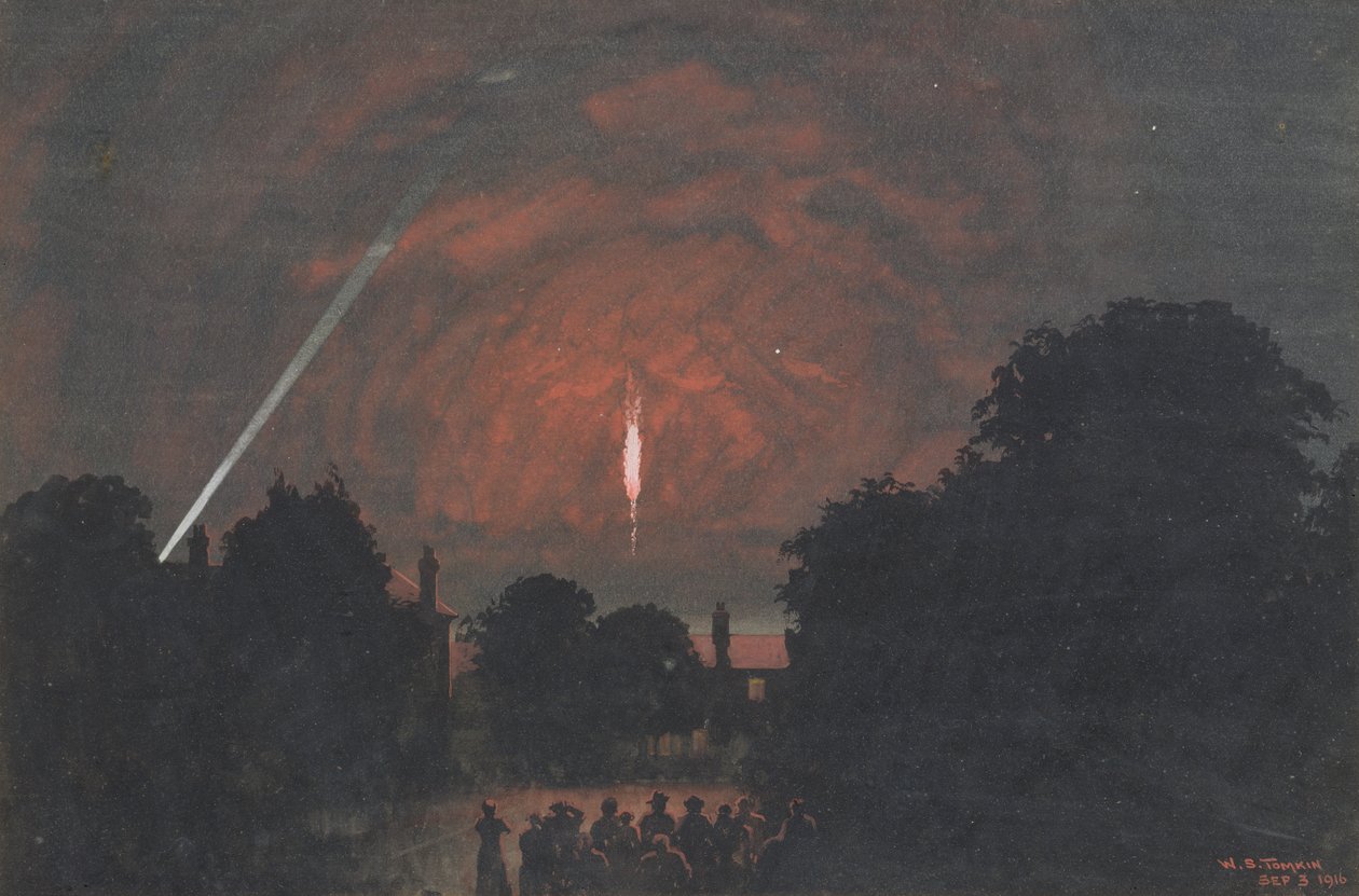 De Zeppelin die viel bij Cuffley, 1916 door William Stephen Tomkin