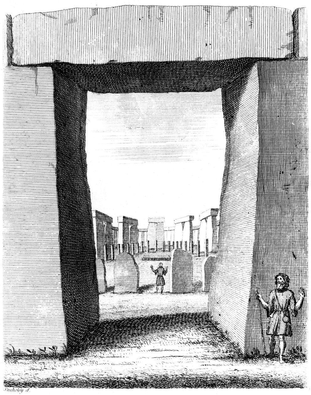 Uitzicht door Stonehenge trilithon, 1740 door William Stukeley