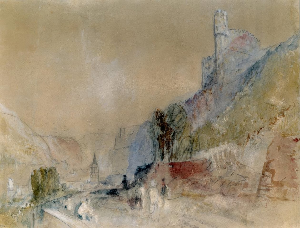 De Clemenskapel met kasteel Rheinstein en kasteel Reichenstein door Joseph Mallord William Turner