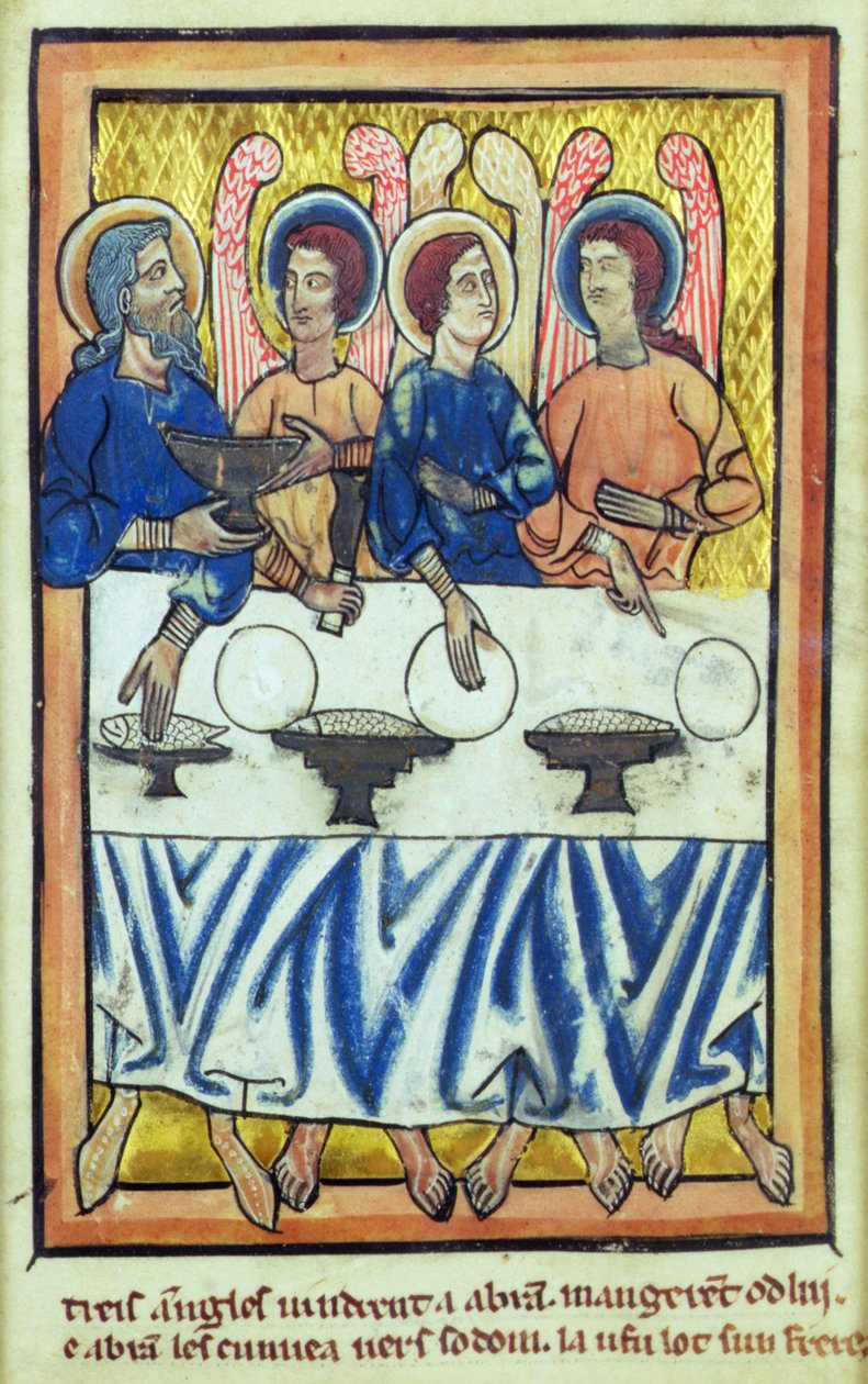 Abraham en de drie engelen, uit een boek met Bijbelafbeeldingen, ca. 1250 door William de Brailes  