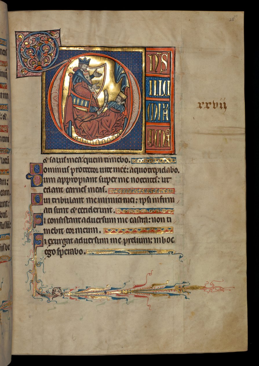 Ms 322 f.28r, Psalm 26, initiaal D, David speelt harp voor Saul, illustratie uit het 