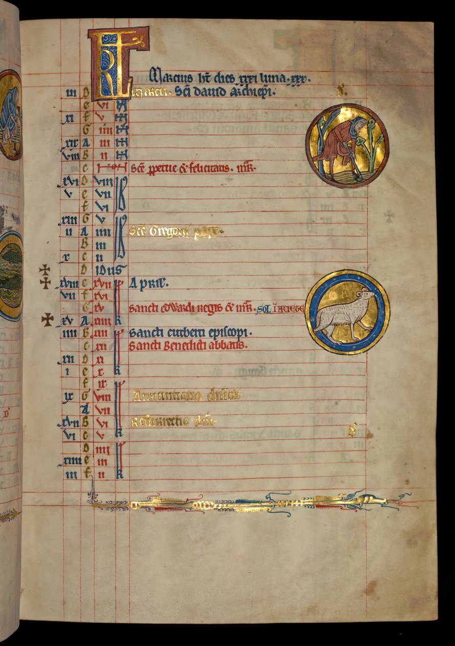 Ms 322 f.2r, Maart, een man die graaft, illustratie uit de 