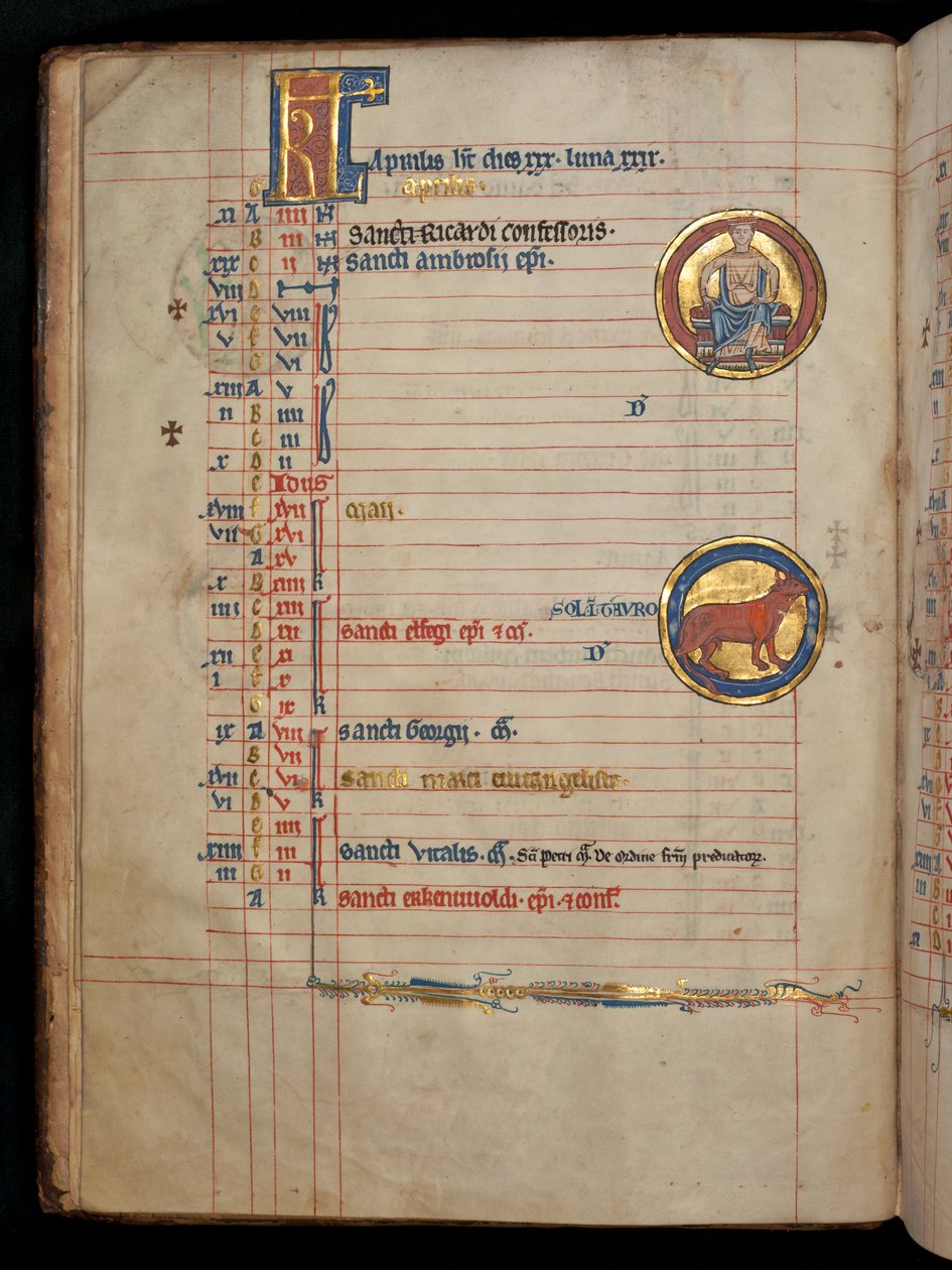 Ms 322 f.2v, April, een zittende man die twee bloemen vasthoudt, illustratie uit de 