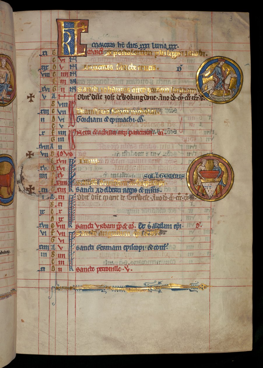 Ms 322 f.3r, Mei, een man aan het valkenieren, illustratie uit de 