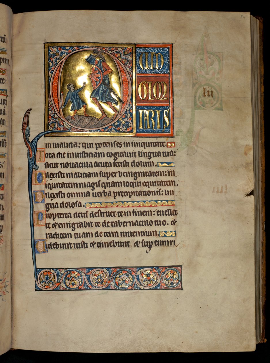 Ms 322 f.54r, Psalm 51, initiaal Q, David en Goliath, illustratie uit de 