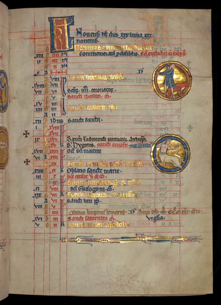 Ms 322 f.6r, November, een man die een varken slacht, illustratie uit de 