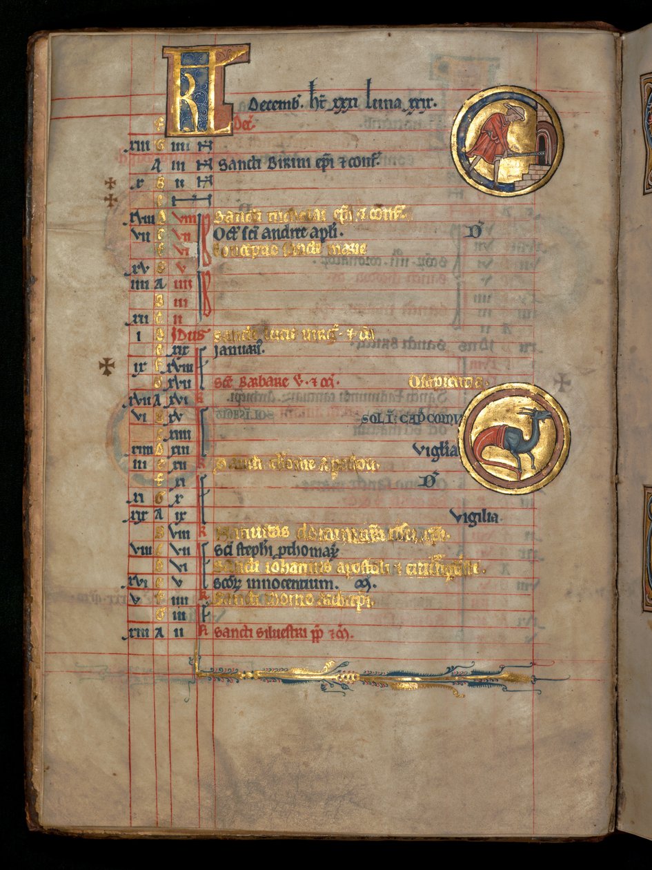 Ms 322 f.6v, December, een man die broden in een oven plaatst, illustratie uit de 
