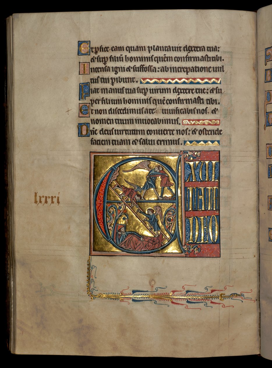 Ms 322 f.82v, Psalm 80, initiaal E, Jakob worstelt met de engel, Jakobs droom, illustratie uit de 