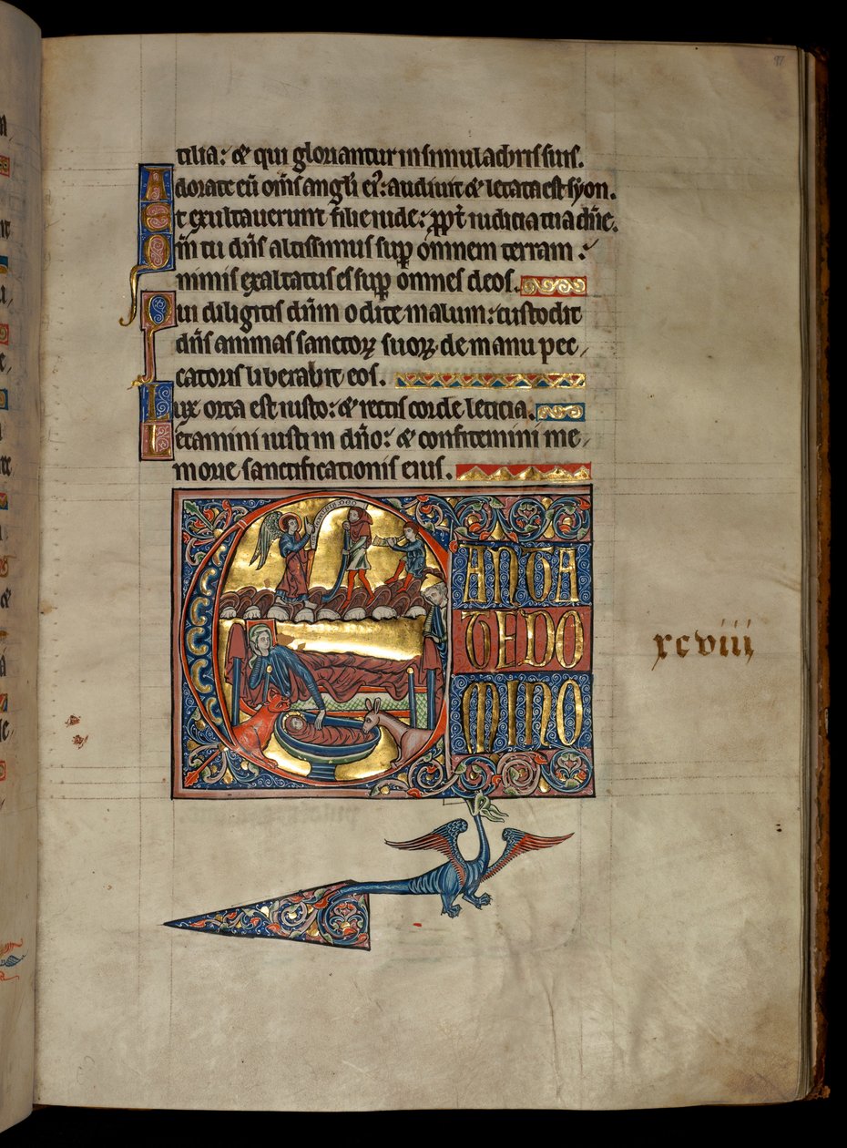 Ms 322 f.97r, Psalm 97, initiaal C, Aankondiging aan de herders, illustratie uit de 