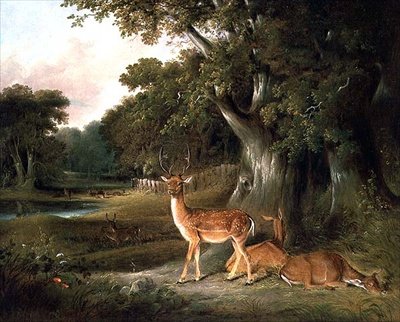 Herten in een bosrijk landschap door William Daniell