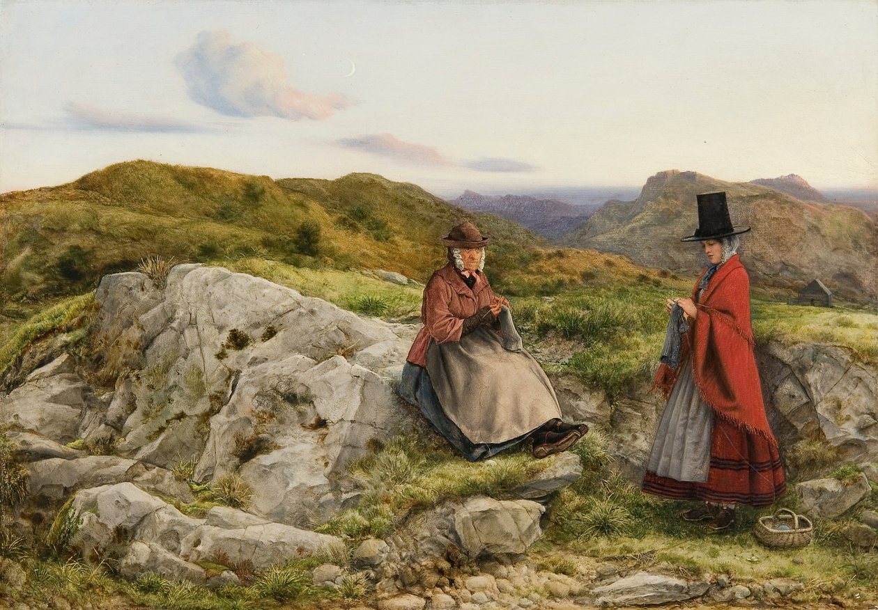 Welsh landschap met twee vrouwen die breien door William Dyce