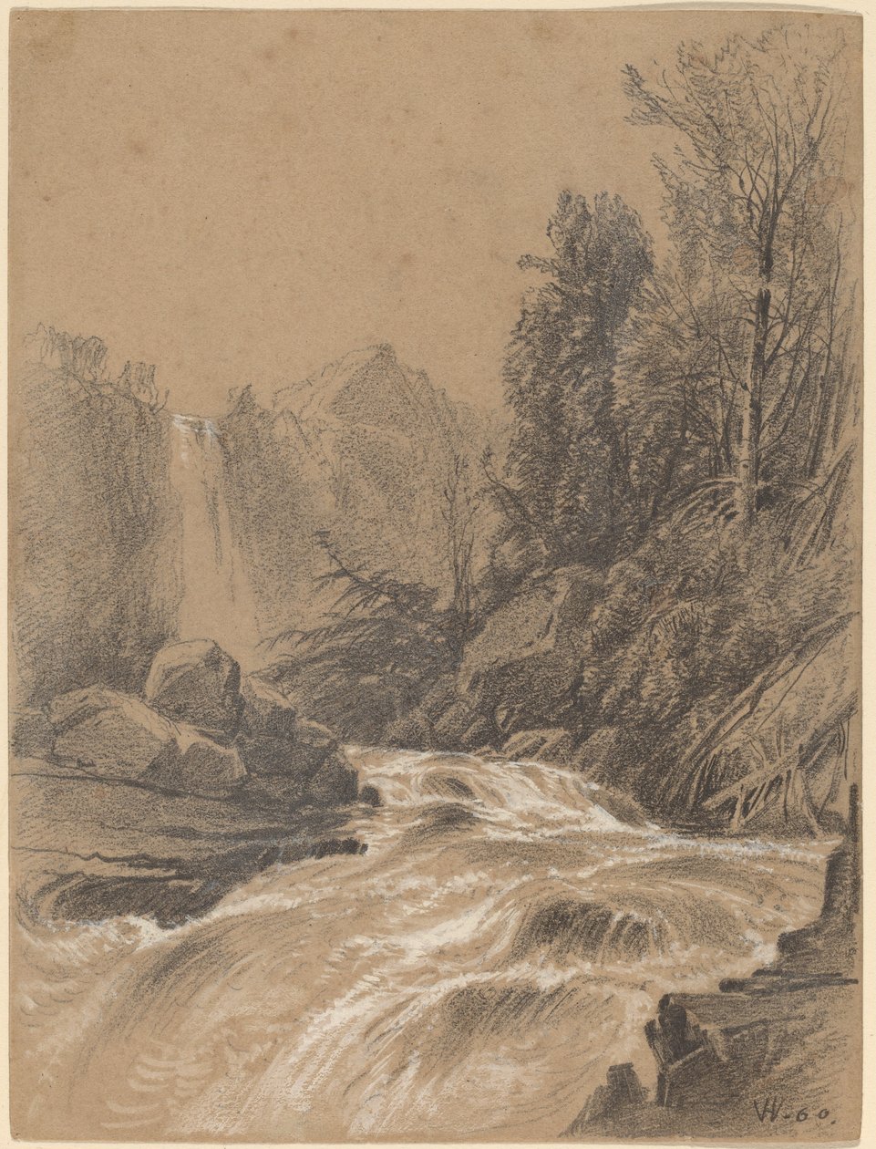 Berglandschap, Beek en Waterval door William Hart