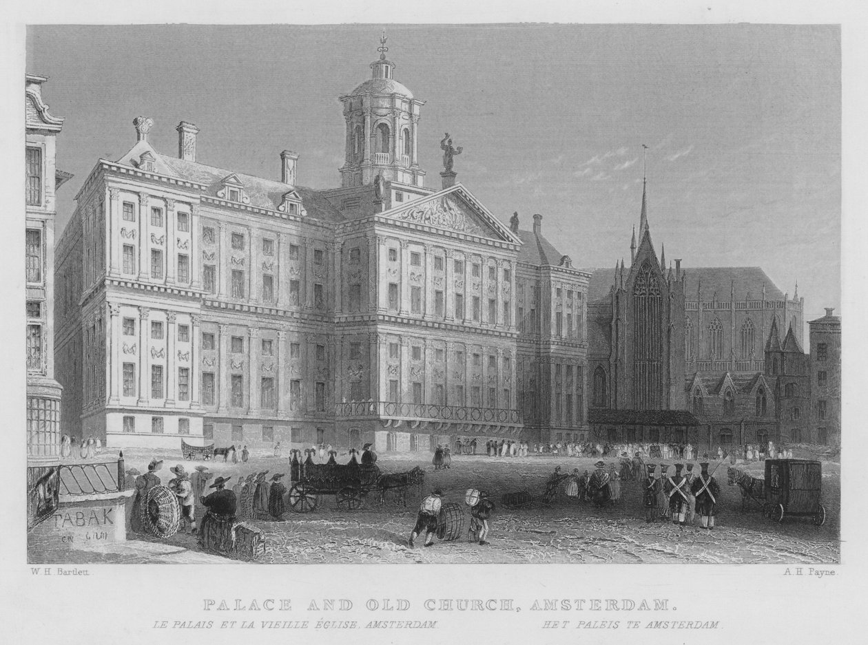 Paleis en oude kerk, Amsterdam (gravure) door William Henry Bartlett