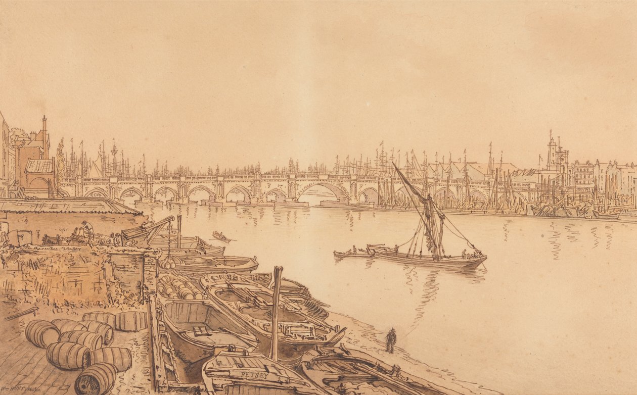 Uitzicht op de oude London Bridge door William Henry Hunt