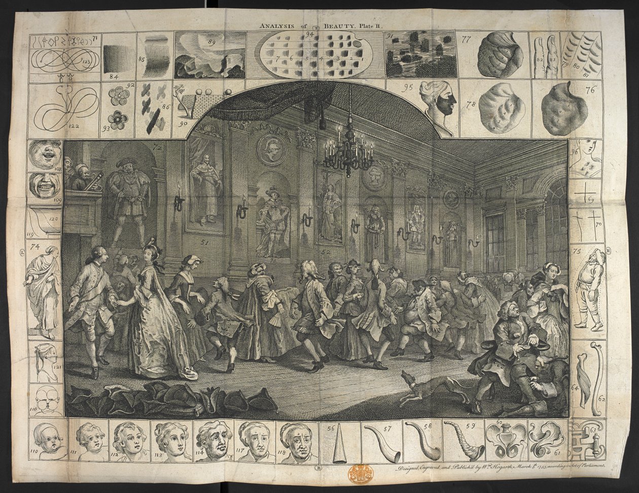 Een groot aantal mensen die dansen door William Hogarth