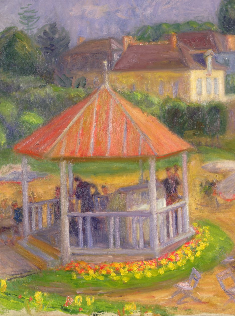 Kiosk (olieverf op doek op board) door William James Glackens