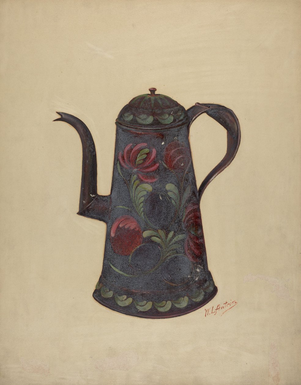 Toleware Koffiepot, ca. 1936 door William L Antrim