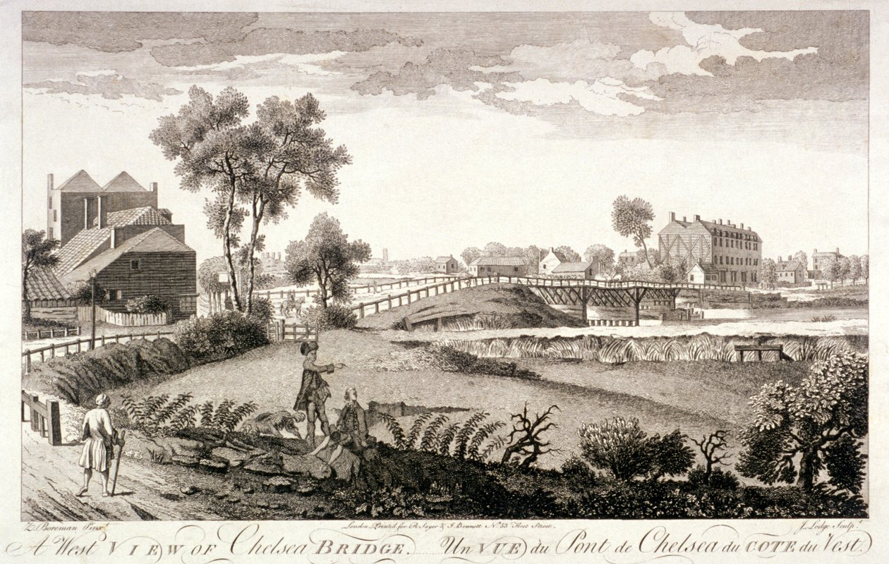 Westelijk uitzicht van Chelsea Bridge, Londen, c1760 door William Lodge