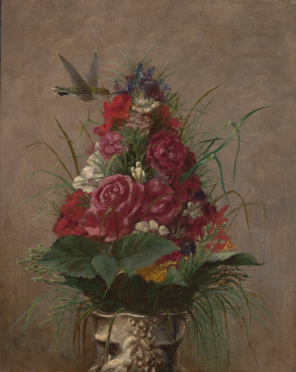 Bloemenstilleven met kolibrie door William Merritt Chase