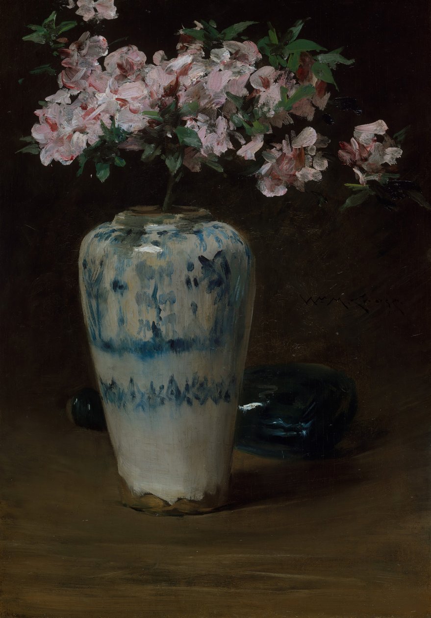 Roze azalea Chinese vaas door William Merritt Chase