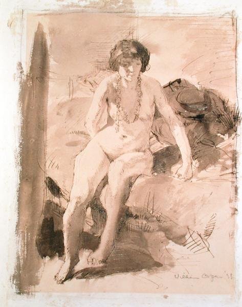 Een naakt meisje zittend op een bed door William Orpen