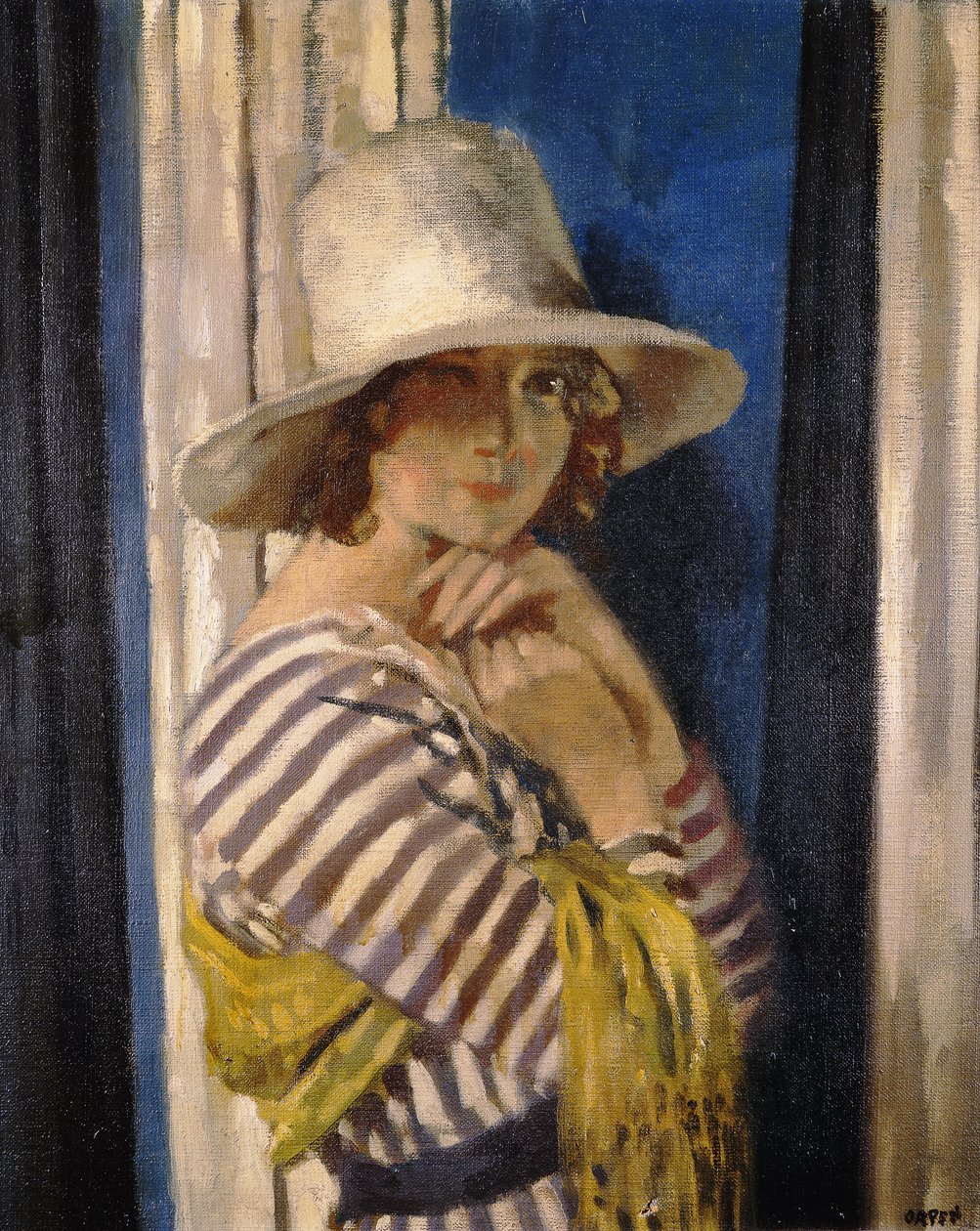Mevrouw Hone in een gestreepte jurk door William Orpen