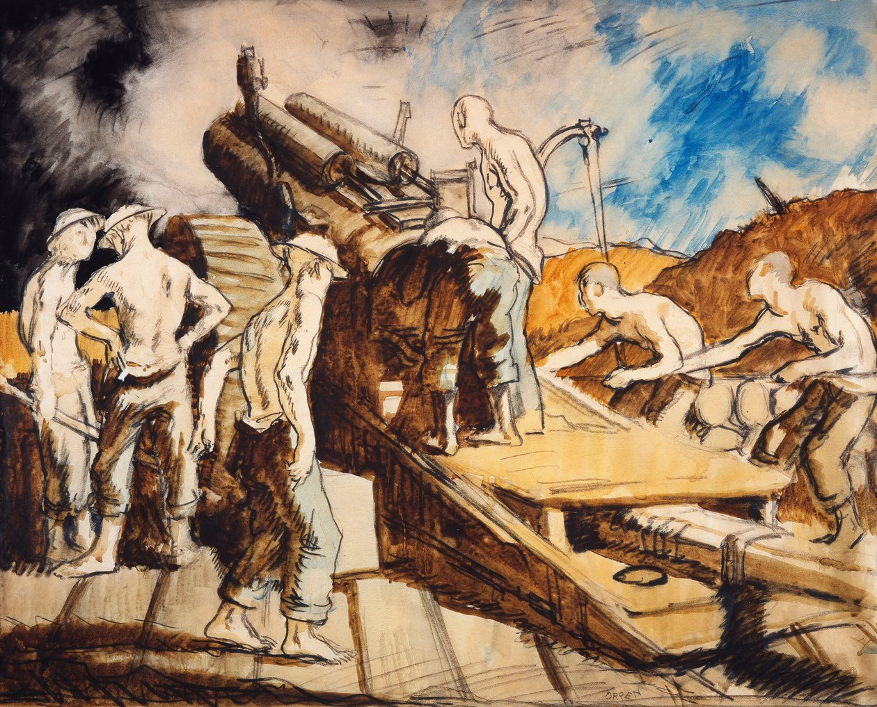 De houwitser in actie, ca. 1917 door William Orpen