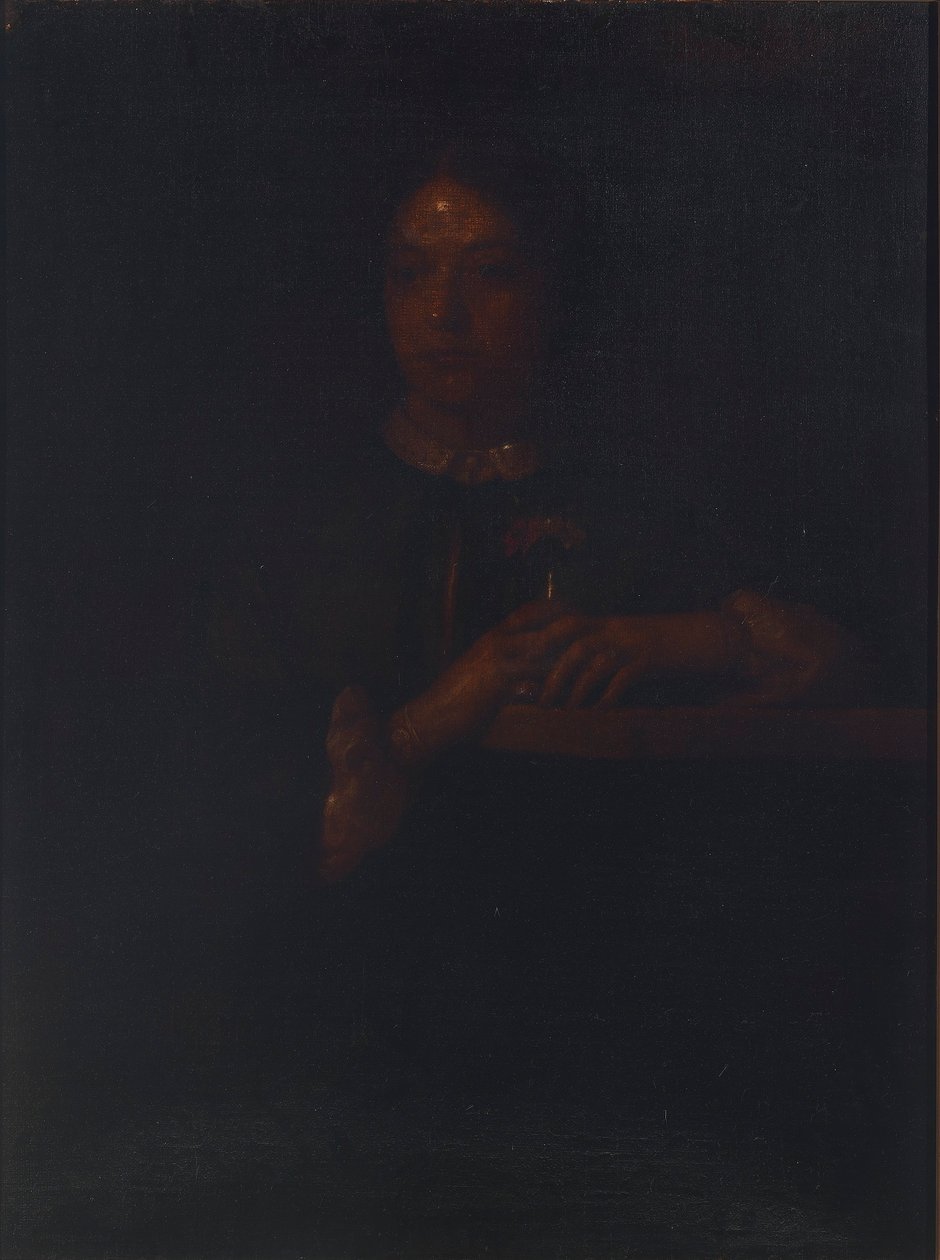 Sarah leunend op een leuning door William Page