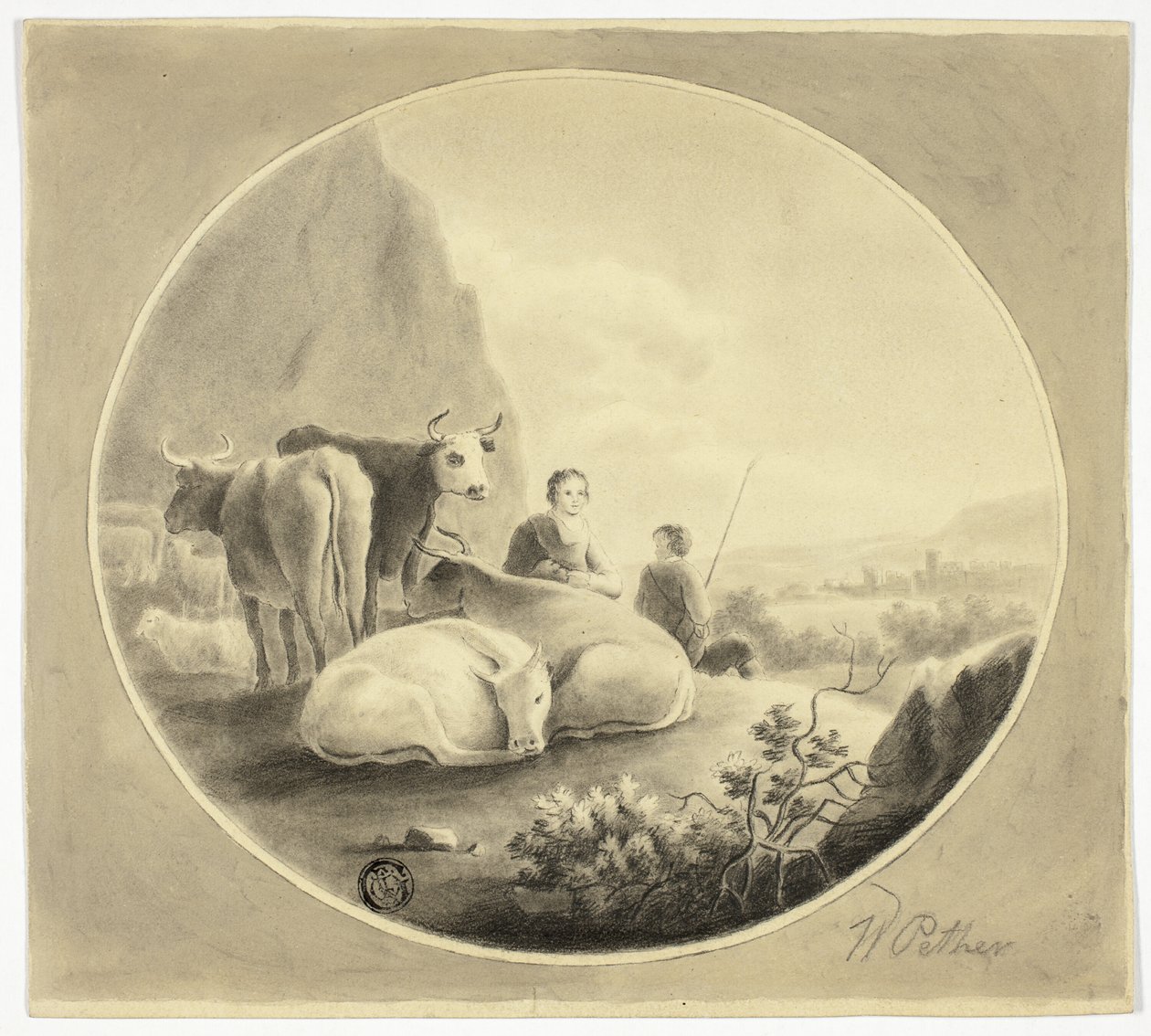 Herders, koeien en schapen in een landschap door William Pether