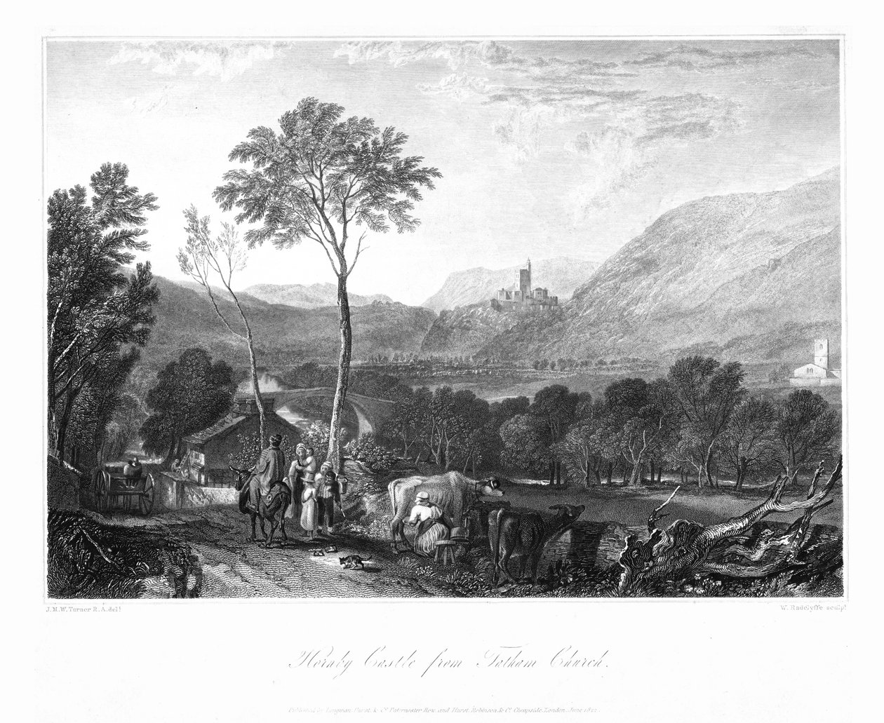 Hornby Castle vanaf Tatham Church, ca. 1822 door William Radclyffe