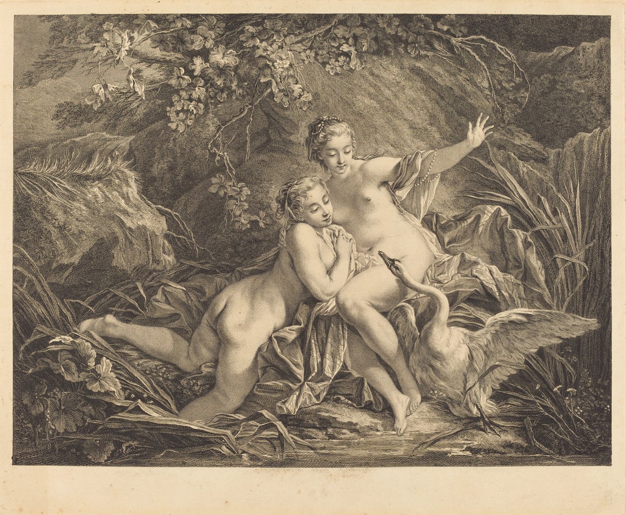 Jupiter en Leda door William Wynne Ryland after François Boucher