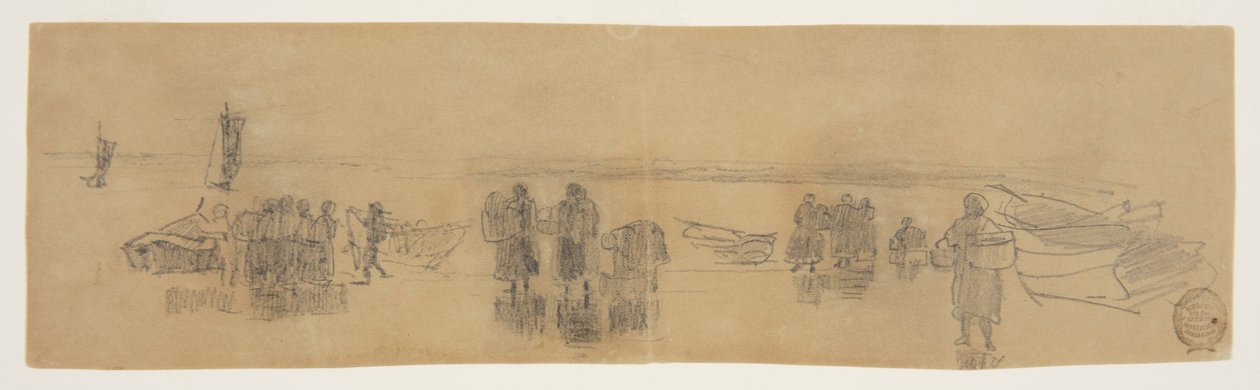 Strand met Vier Vissersboten, Cullercoats, Engeland door Winslow Homer
